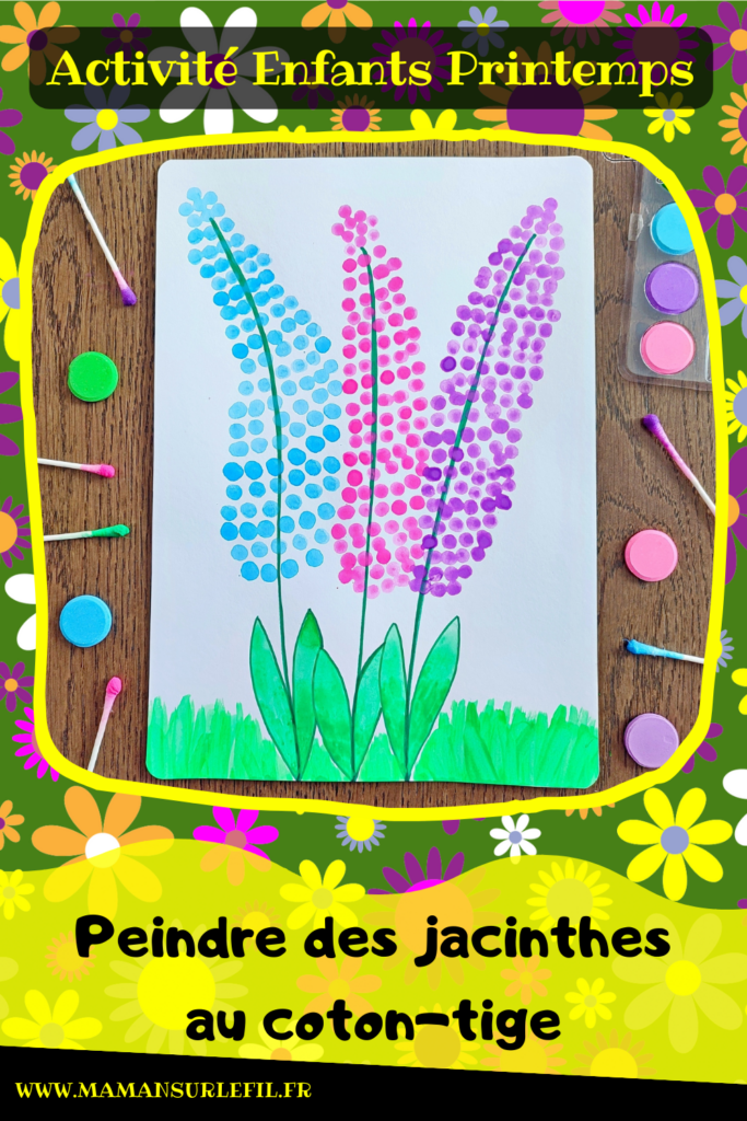 Peindre des jacinthes avec un coton-tige : activité créative, peinture et manuelle enfants - Dessin des tiges et feuilles - Peinture des fleurs avec la technique du pointillisme aux cotons-tiges - peinture de l'herbe et des feuilles au pinceau - Arts visuels et Bricolage - Thème printemps, jardin et fleurs - Bricolage facile et rapide - Arts visuels et atelier Maternelle et élémentaire - Créativité - Cycle 1 ou 2 - tutoriel photos - mslf