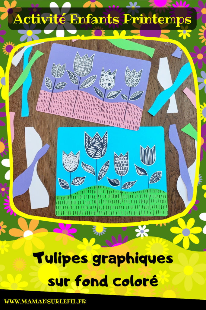 Dessiner des tulipes graphiques sur fond coloré : activité créative et manuelle enfants - Découpage en vagues et collage de papiers colorés pour le fond - Dessin et graphismes en noir pour les tulipes et les feuilles - Contraste entre les couleurs vives du fond et le noir et blanc des fleurs - Arts visuels et Bricolage - Thème printemps, fleurs, géographie, Pays-Bas - Bricolage facile et rapide - Arts visuels et atelier Maternelle et élémentaire - Créativité - Cycle 1 ou 2 - tutoriel photos - mslf