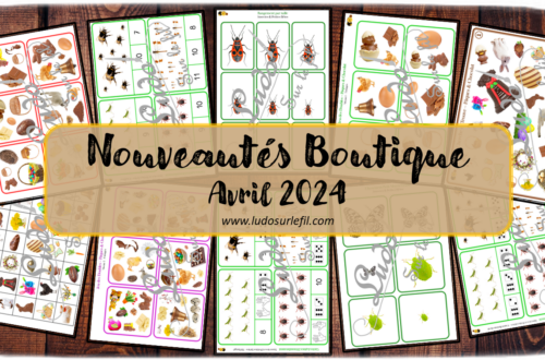 Nouveautés avril 2024 - Boutique en ligne Ludo sur le fil - fichiers jeux pdf à télécharger et imprimer ou jeux imprimés envoyés à domicile - Thèmes Pâques, insectes et petites bêtes - Cartes à pince, dénombrement, rangement, classement, tri par taille, jeu des doubles, cherche et trouve - Photos, discrimination visuelle, association, mise en paire - jeux, activités - atelier autocorrectif multi niveaux donc progressif - Vocabulaire, lexique - Maternelle Cycle 2 - Autonomie - mslf