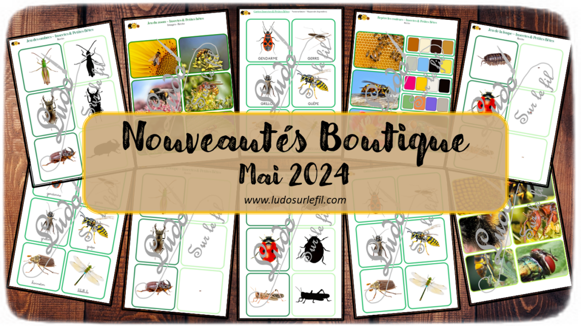 Nouveautés mai 2024 - Boutique en ligne Ludo sur le fil - fichiers jeux pdf à télécharger et imprimer ou jeux imprimés envoyés à domicile - Thèmes Insectes et petites bêtes, printemps - Jeu des ombres, de la loupe, cartes de type Montessori, classifiées de nomenclature, tickets de lecture, repère les couleurs, jeu du zoom - Photos, discrimination visuelle, association, mise en paire, lecture - jeux, activités - atelier autocorrectif multi niveaux donc progressif - Vocabulaire, lexique - Maternelle Cycle 2 - Autonomie - mslf
