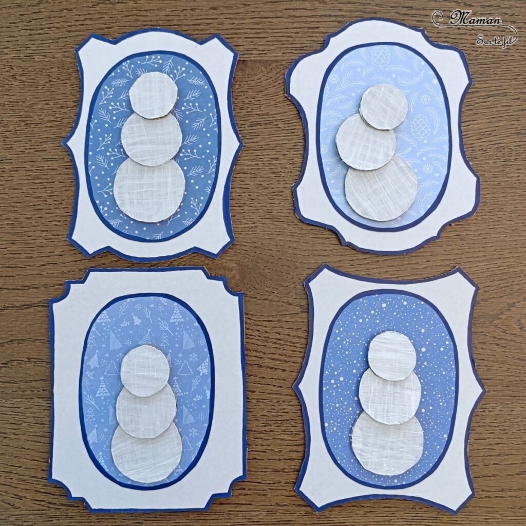 Fabriquer une galerie de portraits de bonhommes de neige : activité créative, récup' et manuelle enfants - Tableaux avec cadres à l'ancienne en carton - Surcyclage, recyclage - Découpage, collage, peinture, dessin - Géométrie, cercles, compas - Décoration hivernale DIY - Thème hiver, neige - Bricolage et décoration sympa et facile - Arts visuels Maternelle et cycle 2 - Maternelle et élémentaire - Créativité - Cycle 1 ou 2 - tutoriel photos - mslf