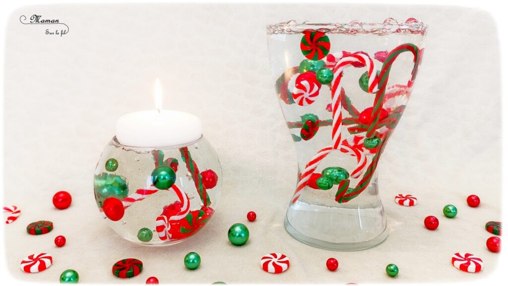 Décoration DIY de Noël : les vases magiques avec des perles d'eau : activité créative et manuelle enfants - Décoration faite maison facile - Vases et bougies aux couleurs de Noël, façon sucres d'orge - Perles d'eau, figurines en résine, eau, bougies flottantes - Bricolage facile, magique, rapide et rigolo - Expériences - Thème Noël - Bricolage et décoration sympa et facile - Arts visuels Maternelle et cycle 2 - Maternelle et élémentaire - Créativité - Cycle 1 ou 2 - tutoriel photos et vidéo - mslf