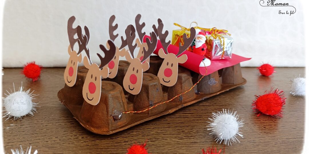 Fabriquer un traineau du père Noël avec une boîte à oeufs : activité créative, récup' et manuelle enfants - Bricolage et décoration en carton - Peinture, découpage, Collage, Motricité fine - Recyclage, surcyclage - Rennes imprimés et découpé, figurines de père Noël et petits cadeaux - Fil de fer - Décoration DIY pour le sapin -Fait Maison - Thème Noël, hiver, animaux du froid et de la banquise - Bricolage et décoration sympa et facile - Arts visuels Maternelle et cycle 2 - Maternelle et élémentaire - Créativité - Cycle 1 ou 2 - tutoriel photos - mslf