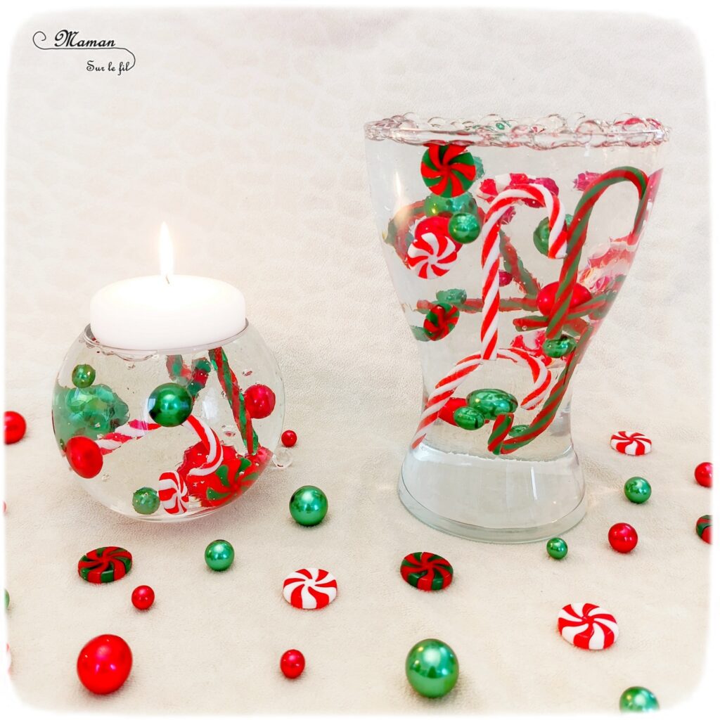 Décoration DIY de Noël : les vases magiques avec des perles d'eau : activité créative et manuelle enfants - Décoration faite maison facile - Vases et bougies aux couleurs de Noël, façon sucres d'orge - Perles d'eau, figurines en résine, eau, bougies flottantes - Bricolage facile, magique, rapide et rigolo - Expériences - Thème Noël - Bricolage et décoration sympa et facile - Arts visuels Maternelle et cycle 2 - Maternelle et élémentaire - Créativité - Cycle 1 ou 2 - tutoriel photos et vidéo - mslf