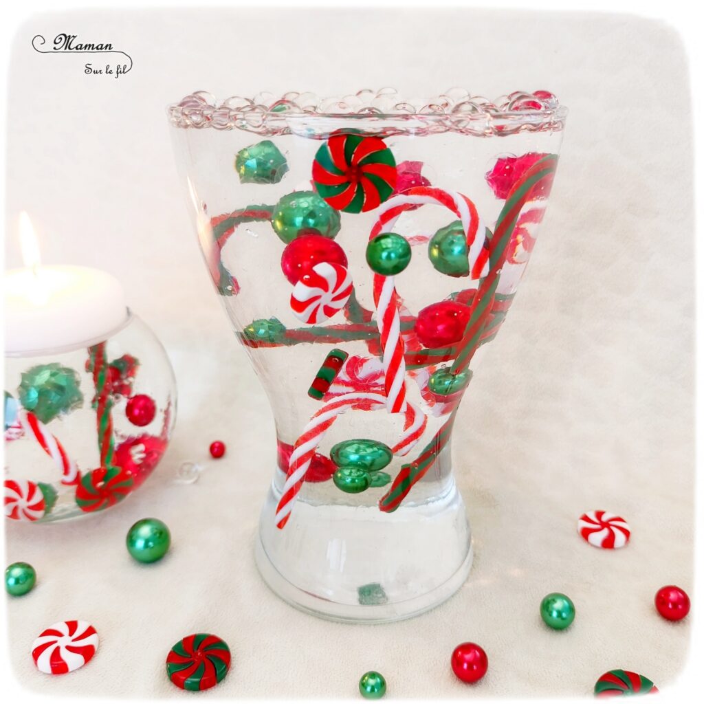 Décoration DIY de Noël : les vases magiques avec des perles d'eau : activité créative et manuelle enfants - Décoration faite maison facile - Vases et bougies aux couleurs de Noël, façon sucres d'orge - Perles d'eau, figurines en résine, eau, bougies flottantes - Bricolage facile, magique, rapide et rigolo - Expériences - Thème Noël - Bricolage et décoration sympa et facile - Arts visuels Maternelle et cycle 2 - Maternelle et élémentaire - Créativité - Cycle 1 ou 2 - tutoriel photos et vidéo - mslf