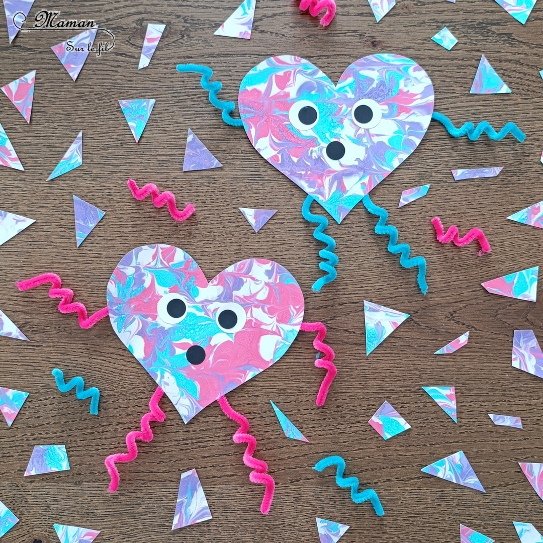 Bonhommes Coeurs marbrés à offrir : activité créative, peinture et manuelle enfants - Technique avec de la mousse à raser et de l'encre pour un effet marbré - Découpage, collage, perforatrice - Fils chenille torsadés pour les bras et les jambes - Cartes à offrir pour la fête des grands-mères, des grands-pères, la saint Valentin - Cadeau DIY - Thème Amour, amitié, coeurs, Saint Valentin, fêtes - Bricolage et décoration sympa et facile - Arts visuels Maternelle et cycle 2 - Maternelle et élémentaire - Créativité - Cycle 1 ou 2 - tutoriel photos - mslf