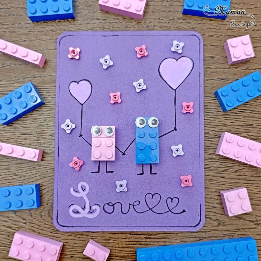 Fabriquer une carte avec un couple d'amoureux en Lego : activité créative et manuelle enfants - Collage de Lego ou de Duplo - Dessin - Carte fait maison - Cadeau à offrir DIY - Saint Valentin ou fête des mères, pères, grands-mères, grands-pères... - Thème Amour, amitié, coeurs, Saint Valentin, fêtes - Bricolage et décoration sympa et facile - Arts visuels Maternelle et cycle 2 - Maternelle et élémentaire - Créativité - Cycle 1 ou 2 - tutoriel photos - mslf