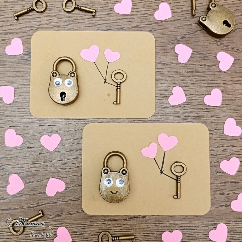 Fabriquer une carte avec un couple d'amoureux Cadenas et sa clé : activité créative et manuelle enfants - Collage d'un cadenas et de sa clé ancienne - Ballons Coeurs à offrir - Yeux mobiles - Récup' d'un vieux cadenas qui ne fonctionne plus - Dessin - Carte fait maison - Cadeau à offrir DIY - Saint Valentin ou fête des mères, pères, grands-mères, grands-pères... - Thème Amour, amitié, coeurs, Saint Valentin, fêtes - Bricolage et décoration sympa et facile - Arts visuels Maternelle et cycle 2 - Maternelle et élémentaire - Créativité - Cycle 1 ou 2 - tutoriel photos - mslf