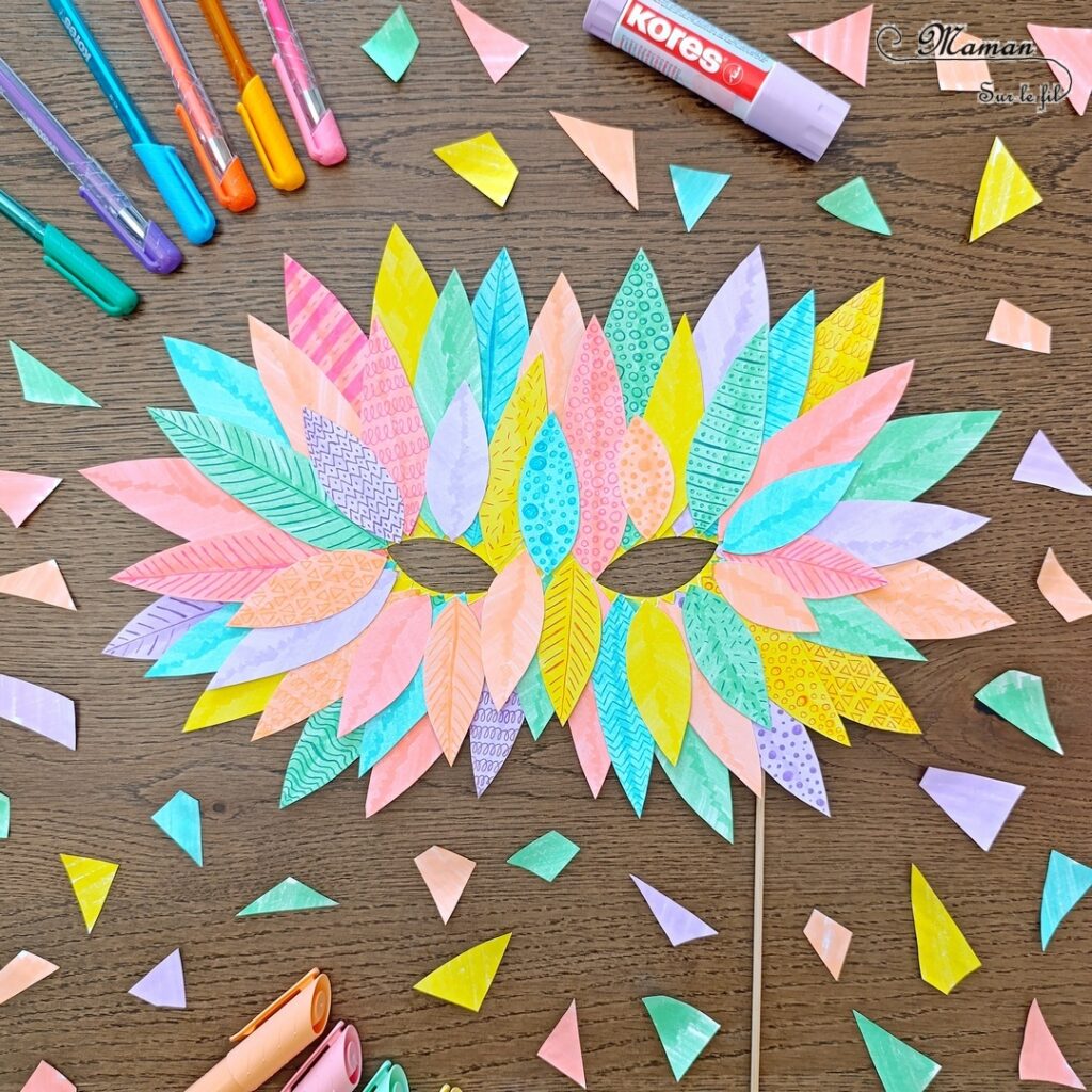 Fabriquer un masque de plumes en papier avec des surligneurs et des stylos gel : activité créative, dessin et manuelle enfants - Découpage, Coloriage, dessin et graphismes - Couleurs pastels - Collage pour un masque façon Loup avec un bâtonnet en bois - Bricolage ludique et coloré pour un thème Anniversaire, Carnaval, Mardi Gras - Bricolage et décoration sympa et facile - Arts visuels Maternelle et cycle 2 - Maternelle et élémentaire - Créativité - Cycle 1 ou 2 - tutoriel photos - mslf