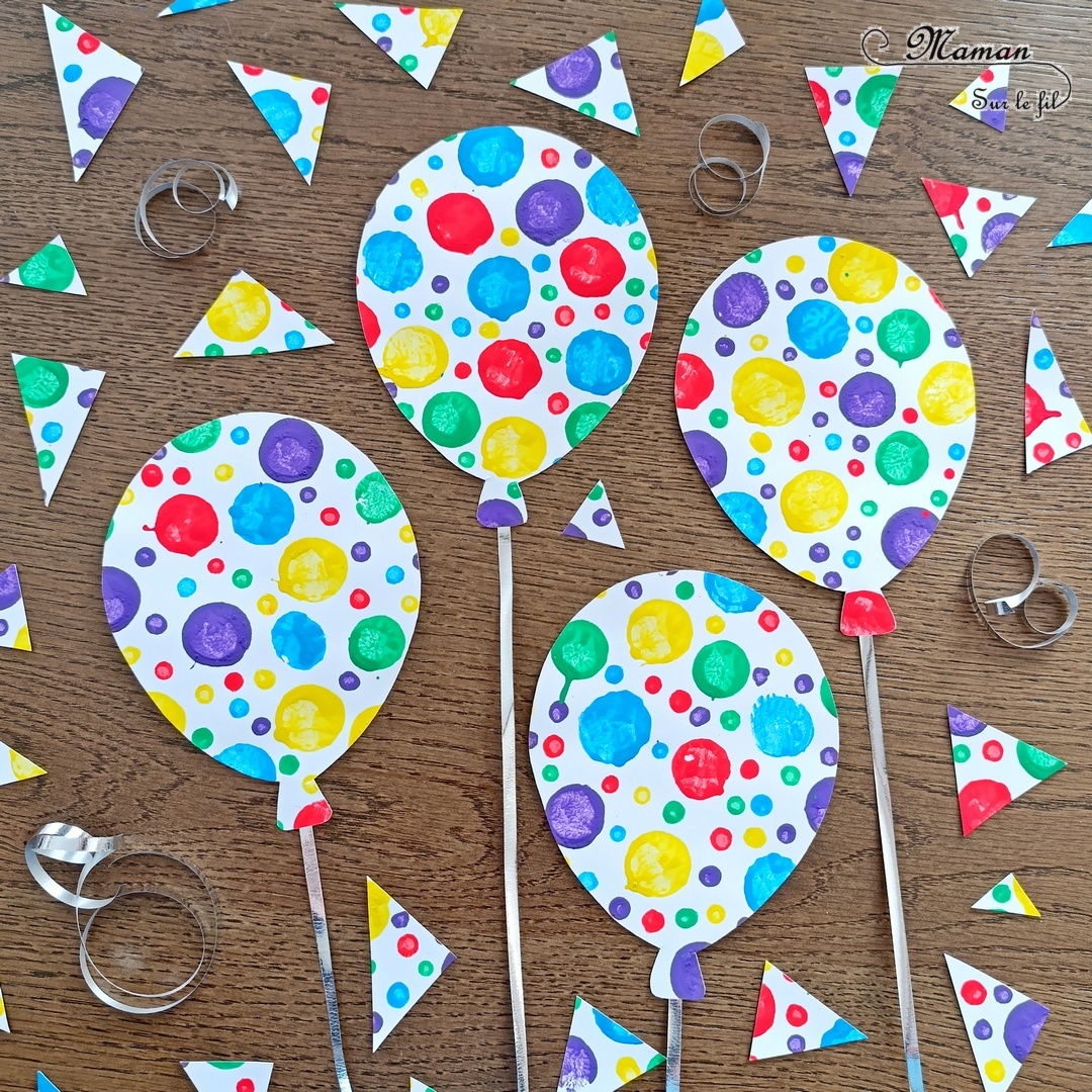 Peindre des ballons de baudruche au bouchon et au coton-tige : activité créative, peinture et manuelle enfants - Technique de peinture ludique : bouchon de liège et pointillisme aux cotons-tiges - Découpage - Fil avec un ruban Bolduc - Bricolage ludique et coloré pour un thème Anniversaire, Carnaval, Mardi Gras ou Cirque - Bricolage et décoration sympa et facile - Arts visuels Maternelle et cycle 2 - Maternelle et élémentaire - Créativité - Cycle 1 ou 2 - tutoriel photos - mslf