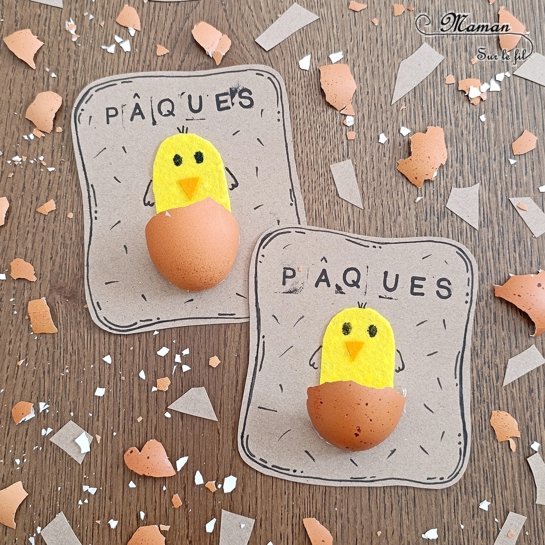 Créer des cartes de Pâques avec des coquilles d'oeufs et de la feutrine : activité créative, récup' et manuelle enfants - Bricolage et décoration DIY simple pour Pâques - Recyclage, surcyclage de carton pour le fond - Vraies coquilles d'oeuf - Feutrine pour le poussin - Découpage, collage, dessin - Tampons pour le mot Pâques - Fait maison - Thème Pâques, animaux de la ferme, oiseaux - Bricolage et décoration sympa et facile - Arts visuels maternelle et élémentaire - Cycles 1 et 2 - Créativité - tutoriel photos - mslf