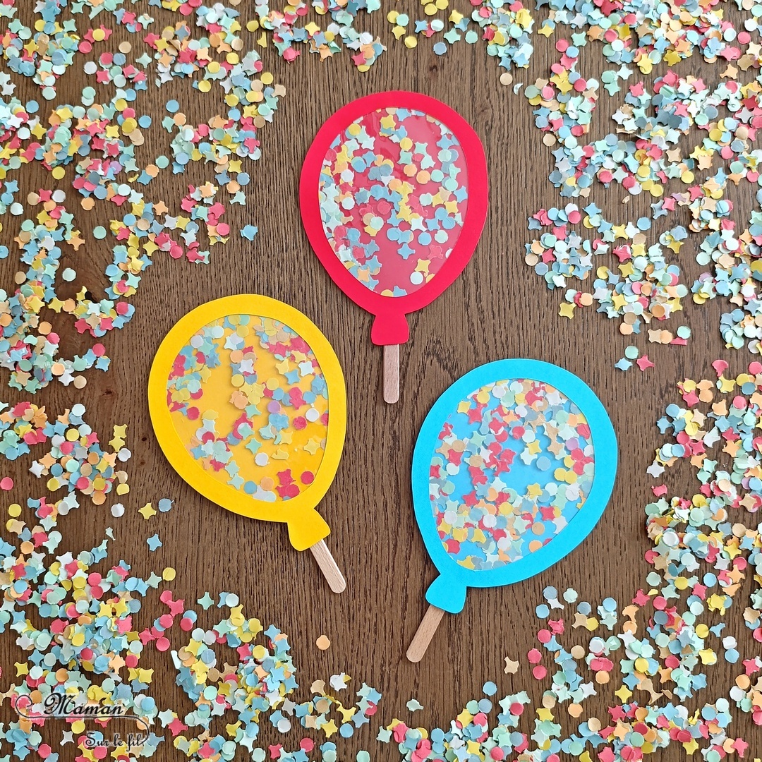 Fabriquer des ballons de Carnaval avec des confettis : activité créative et manuelle enfants - Confettis dans une feuille à plastifier - Plastifieuse pour le côté transparent - Découpage, collage - Ballons de baudruche colorés et décorés - Récup' de bâtonnets de glace en bois pour les tenir - Bricolage ludique et coloré pour un thème Carnaval, Mardi Gras, Anniversaire ou Cirque - Bricolage et décoration sympa et facile - Arts visuels Maternelle et cycle 2 - Maternelle et élémentaire - Créativité - Cycle 1 ou 2 - tutoriel photos et vidéo - mslf