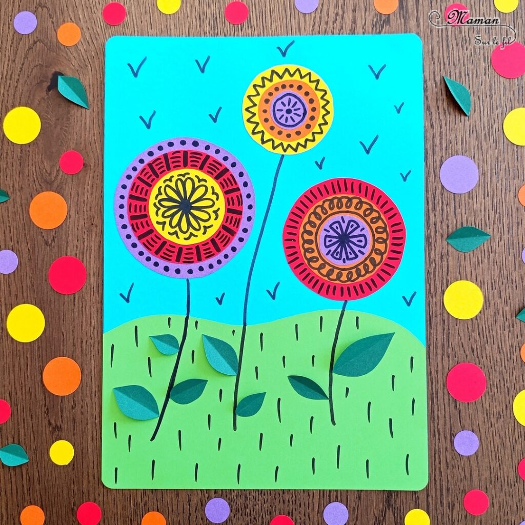Créer des fleurs graphiques entre cercles et graphismes : activité créative et manuelle enfants - Utilisation du compas pour tracer et découper des ronds colorés - Découpage, collage - Dessins et graphismes divers - Géométrie - Thème fleurs, printemps, jardin et nature - Contraste entre couleurs du papier et noir des dessins - Bricolage et décoration sympa et facile - Arts visuels maternelle et élémentaire - Cycles 1 et 2 - Créativité - tutoriel photos - mslf