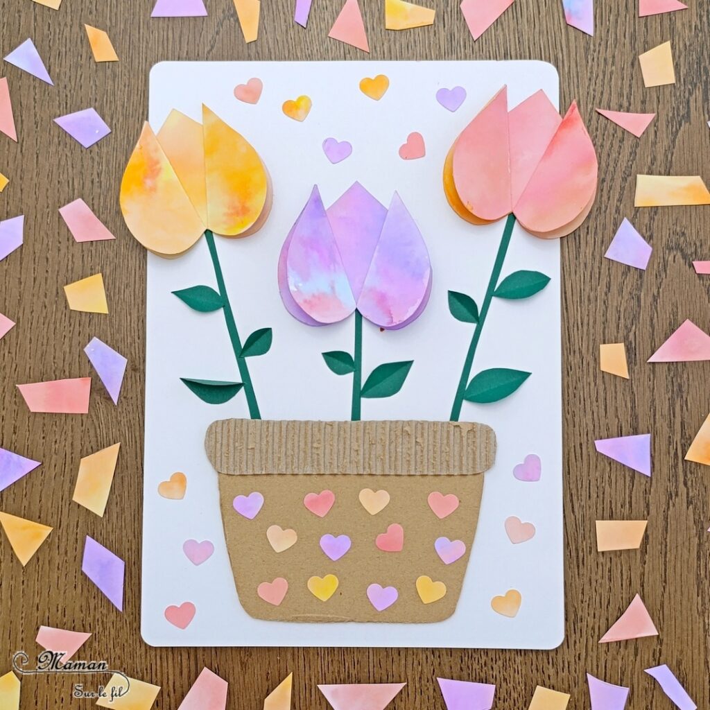 Créer des tulipes avec du papier aluminium et des feutres : activité créative et manuelle enfants - Technique du coloriage sur papier aluminium et eau - Pulvérisateur - Tulipes en collage de 3 coeurs - Relief, 3D - Pot en récup' de carton déchiré et épais - Perforatrice Coeur - Découpage collage - Thème fleurs, printemps, jardin, Pâques et nature - Couleurs pastels et type aquarelle - Bricolage et décoration sympa et facile - Arts visuels maternelle et élémentaire - Cycles 1 et 2 - Créativité - tutoriel photos - mslf