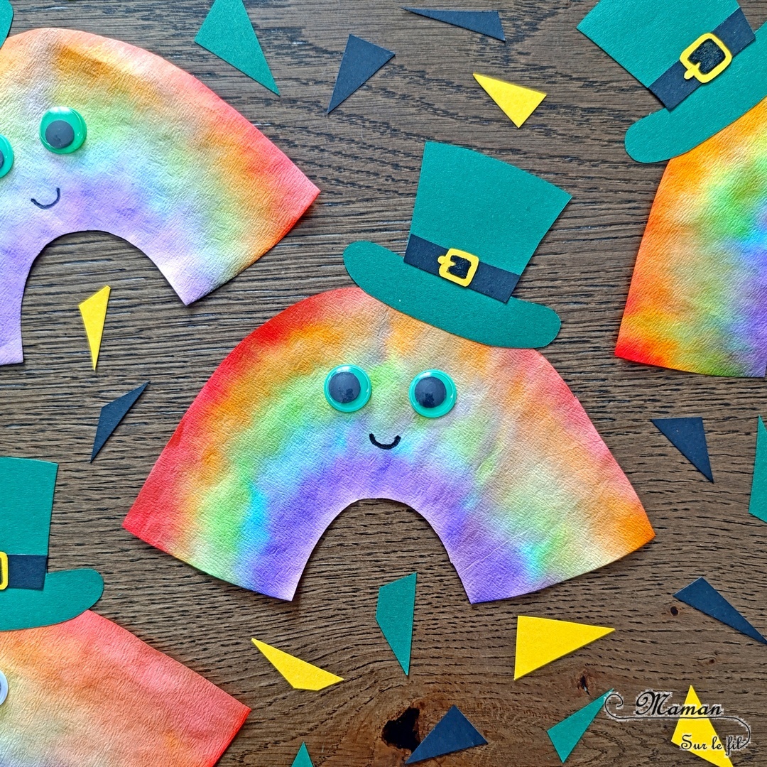 Créer un arc-en-ciel de la Saint-Patrick avec un filtre à café : activité créative et manuelle enfants - Dessin et coloriage d'un arc-en-ciel sur un filtre à café avec des feutres - Pulvérisation d'eau pour que les couleurs se diffusent - Découpage, collage, papier pour le chapeau de Leprechaun - Yeux mobiles et visages mignons - Bricolage ludique et coloré pour un thème sur la Saint-Patrick, l'Irlande, la météo ou le ciel - Bricolage et décoration sympa et facile - Arts visuels Maternelle et cycle 2 - Maternelle et élémentaire - Créativité - Cycle 1 ou 2 - tutoriel photos et vidéo - mslf