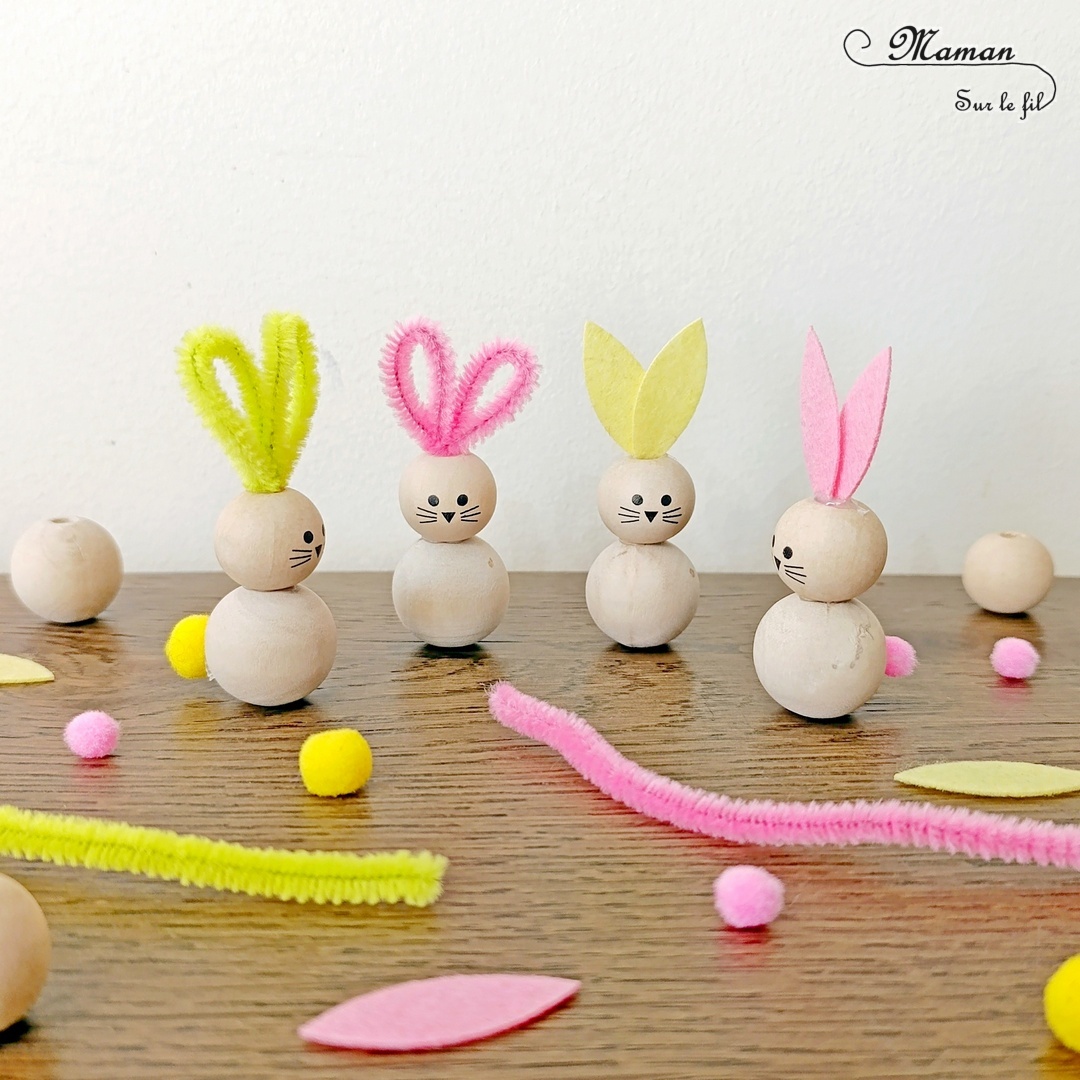 Fabriquer des petits lapins avec des perles en bois : activité créative et manuelle enfants - Bricolage et décoration DIY simples pour Pâques - Perles en bois, fils chenille, feutrine et mini pompons - Fait maison - Thème Pâques, animaux de la ferme - Bricolage et décoration sympa et facile - Arts visuels maternelle et élémentaire - Cycles 1 et 2 - Créativité - tutoriel photos - mslf