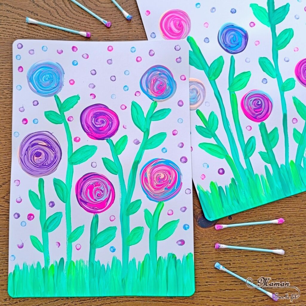 Peindre des fleurs avec un coton-tige : activité créative, peinture et manuelle enfants - Technique de peinture du coton-tige en spirale - Relief et marbrures - Tiges, herbes et feuilles au pinceau - Pointillisme avec les cotons-tiges pour décorer le reste - Thème fleurs, printemps, jardin et nature - Bricolage et décoration sympa et facile - Arts visuels maternelle et élémentaire - Cycles 1 et 2 - Créativité - tutoriel photos et vidéo - mslf