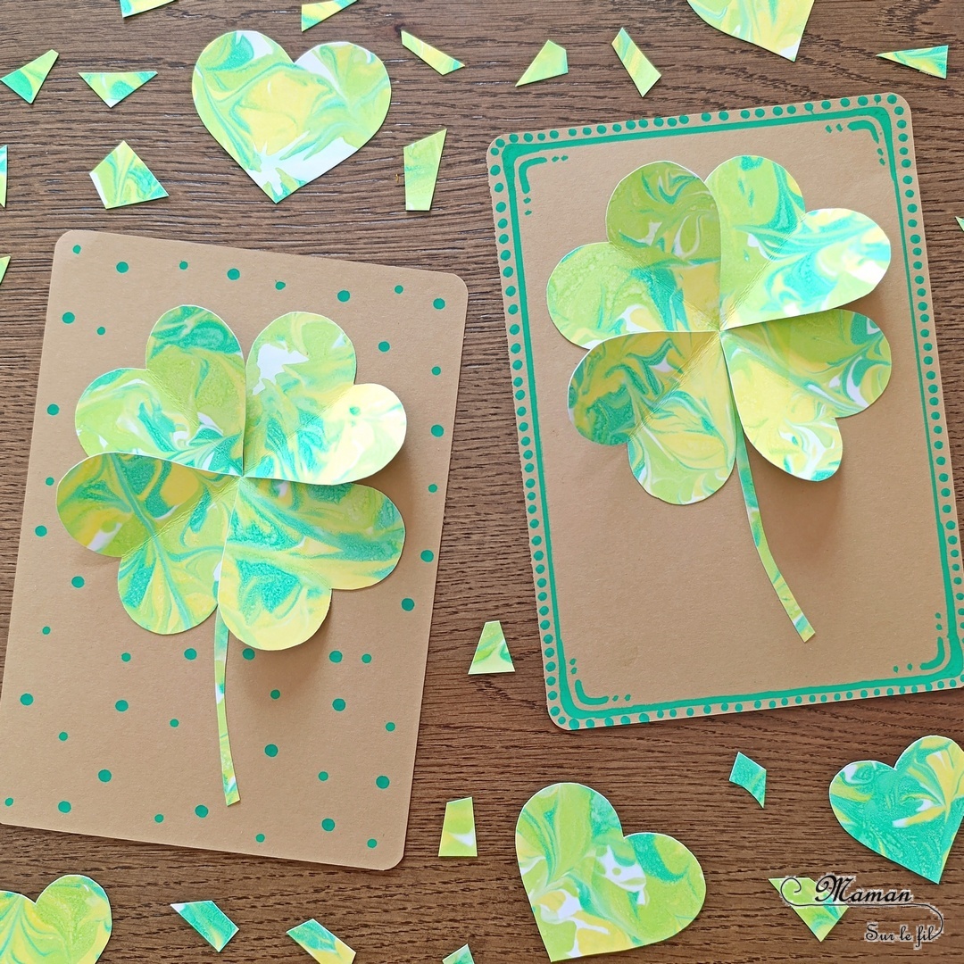 Créer des trèfles de la Saint-Patrick à la mousse à raser : activité créative et manuelle enfants - Trèfles à 4 feuilles en relief à base de coeurs - Découpage Collage - Fond marbré réalisé avec de la mousse à raser, de l'encre et des pipettes - Dessin et graphismes - Bricolage ludique et coloré pour un thème sur la Saint-Patrick, l'Irlande, les végétaux, la chance - Bricolage et décoration sympa et facile - Arts visuels Maternelle et cycle 2 - Maternelle et élémentaire - Créativité - Cycle 1 ou 2 - tutoriel photos - mslf