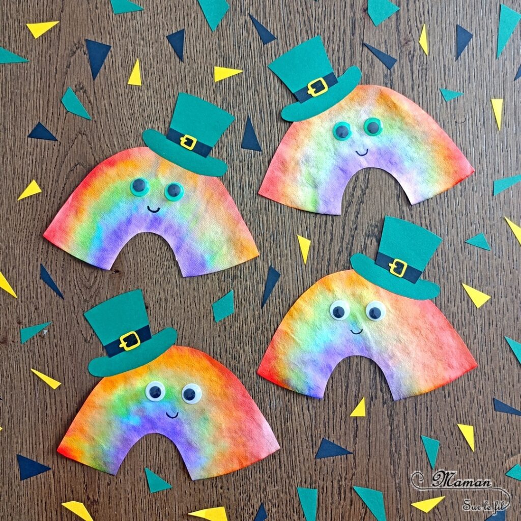 Créer un arc-en-ciel de la Saint-Patrick avec un filtre à café : activité créative et manuelle enfants - Dessin et coloriage d'un arc-en-ciel sur un filtre à café avec des feutres - Pulvérisation d'eau pour que les couleurs se diffusent - Découpage, collage, papier pour le chapeau de Leprechaun - Yeux mobiles et visages mignons - Bricolage ludique et coloré pour un thème sur la Saint-Patrick, l'Irlande, la météo ou le ciel - Bricolage et décoration sympa et facile - Arts visuels Maternelle et cycle 2 - Maternelle et élémentaire - Créativité - Cycle 1 ou 2 - tutoriel photos et vidéo - mslf