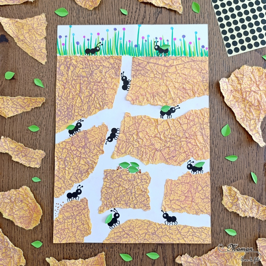 Créer des galeries et des fourmis avec du papier froissé et déchiré : activité créative et manuelle enfants - Fourmilière en papier froissé, déchiré et frotté au pastel sec - Fourmis avec des gommettes rondes et des feuilles en papier sur le dos - Dessins - Thème Insectes et petites bêtes, printemps, forêt - Bricolage et décoration sympa et facile - Arts visuels maternelle et élémentaire - Cycles 1 et 2 - Créativité - tutoriel photos - mslf