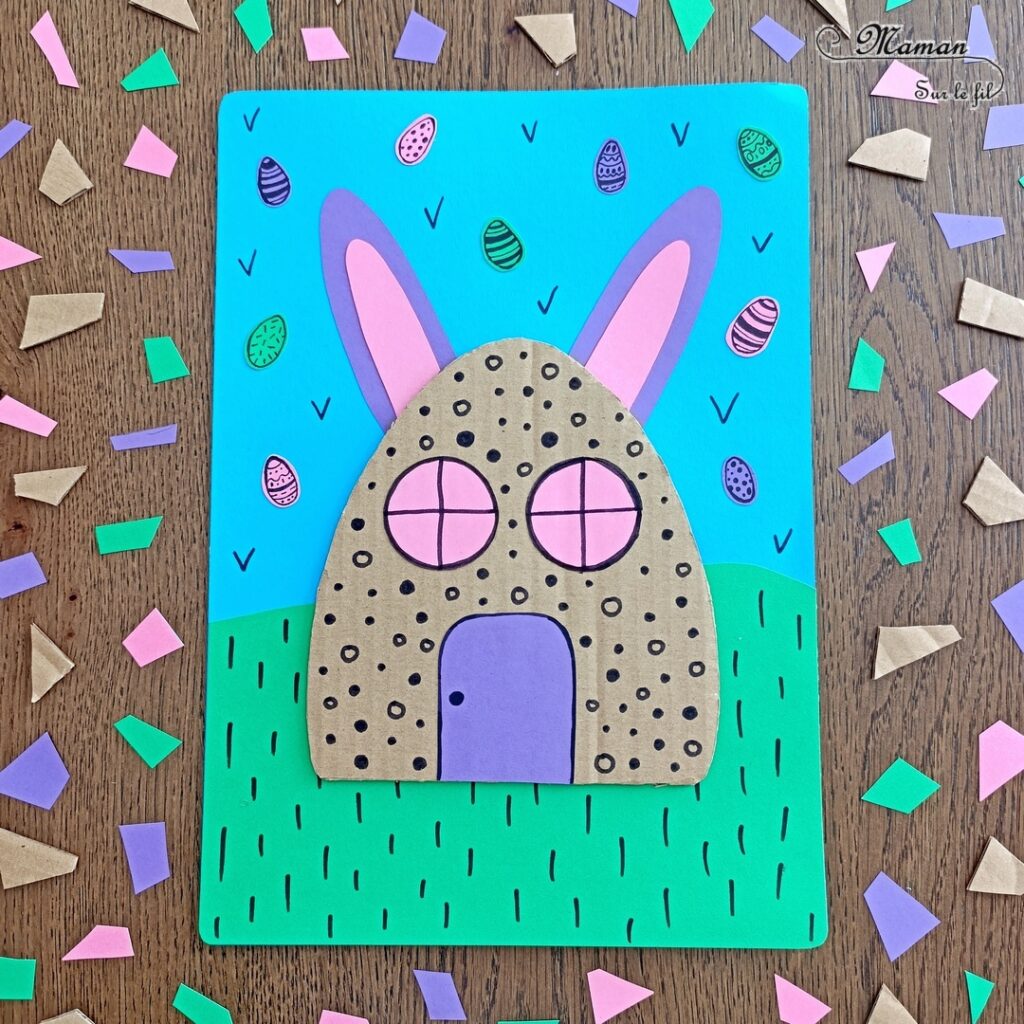 Imaginer une maison de Pâques entre carton et papier : activité créative et manuelle enfants - Bricolage et décoration DIY simples pour Pâques - Gabarits et modèles à télécharger gratuitement - Découpage, collage - Récup', recyclage, surcyclage de carton - Maison Oeuf avec oreilles de lapin - Graphismes et dessins - Thème Pâques, animaux de la ferme, de la forêt - Bricolage et décoration sympa et facile - Arts visuels maternelle et élémentaire - Cycles 1 et 2 - Créativité - tutoriel photos - mslf