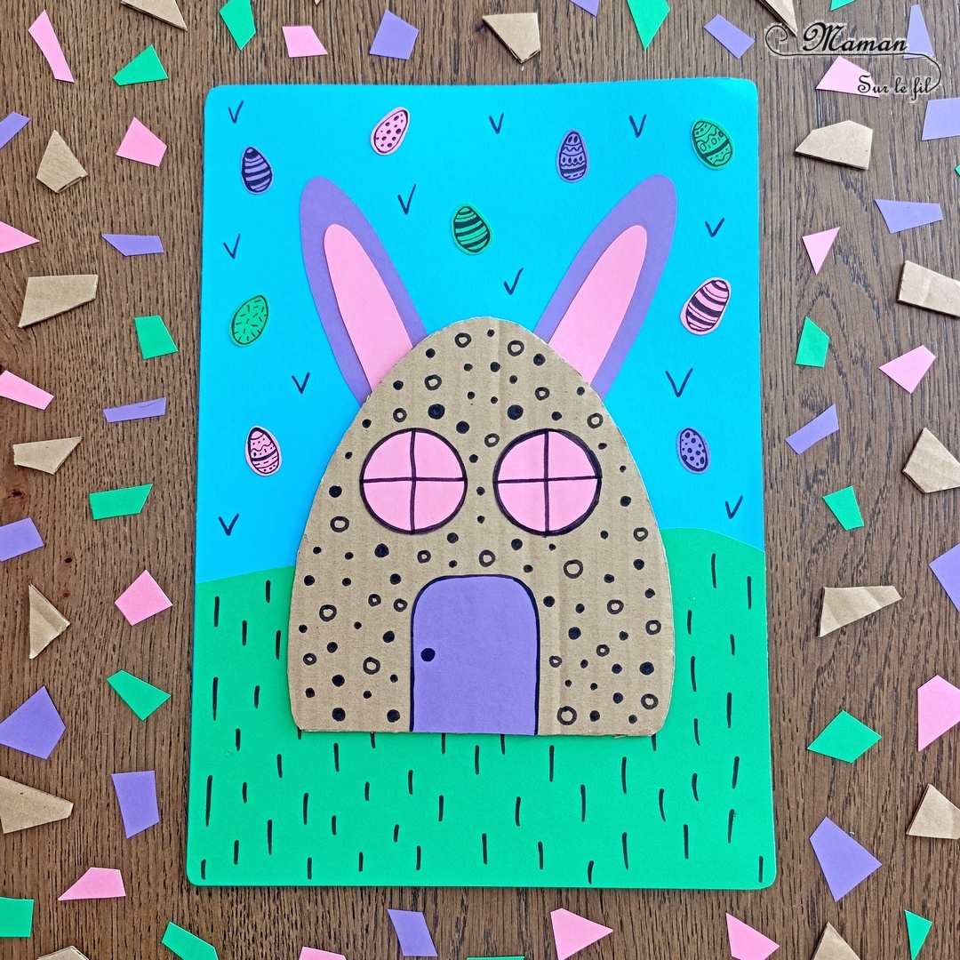 Imaginer une maison de Pâques entre carton et papier : activité créative et manuelle enfants - Bricolage et décoration DIY simples pour Pâques - Gabarits et modèles à télécharger gratuitement - Découpage, collage - Récup', recyclage, surcyclage de carton - Maison Oeuf avec oreilles de lapin - Graphismes et dessins - Thème Pâques, animaux de la ferme, de la forêt - Bricolage et décoration sympa et facile - Arts visuels maternelle et élémentaire - Cycles 1 et 2 - Créativité - tutoriel photos - mslf
