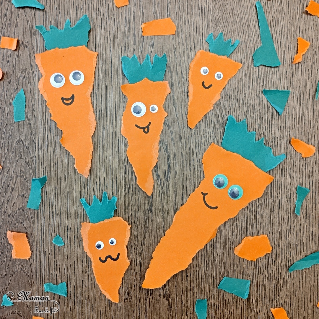 Créer des carottes rigolotes en papier déchiré : activité créative et manuelle enfants - Bricolage et décoration DIY simple pour Pâques - Déchirer du papier orange et vert - Collage - Yeux mobiles et dessin pour des visages rigolos - Simple et rapide - Thème Pâques, Fruits et Légumes, potager, printemps - Bricolage et décoration sympa et facile - Arts visuels maternelle et élémentaire - Cycles 1 et 2 - Créativité - tutoriel photos - mslf