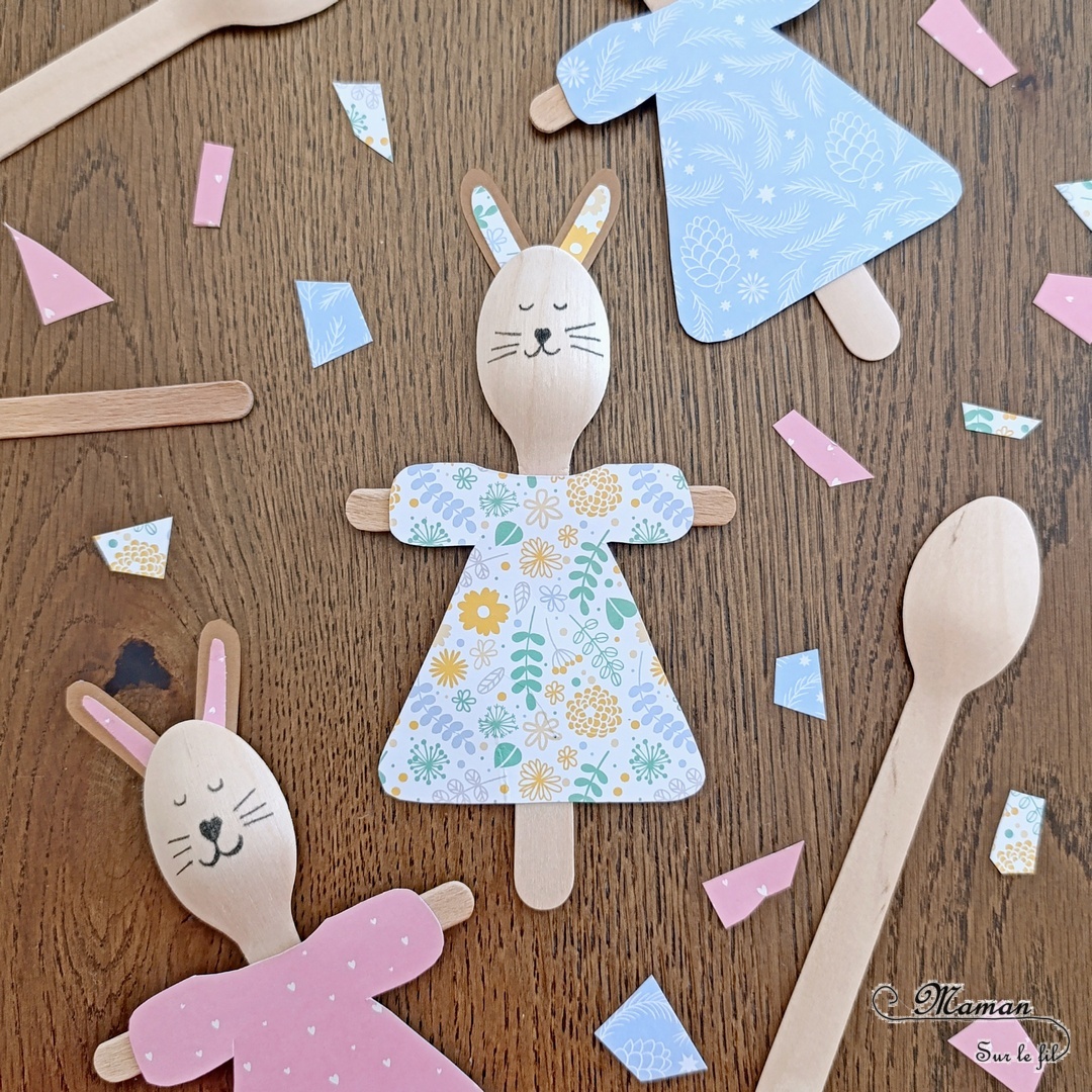 Fabriquer des lapins façon épouvantails en récup' : activité créative et manuelle enfants - Bricolage et décoration DIY simples pour Pâques - Cuillères et bâtonnets de glace en bois - Fait maison - Robes en papier à motifs - Thème Pâques, animaux de la ferme, de la forêt - Bricolage et décoration sympa et facile - Arts visuels maternelle et élémentaire - Cycles 1 et 2 - Créativité - tutoriel photos - mslf
