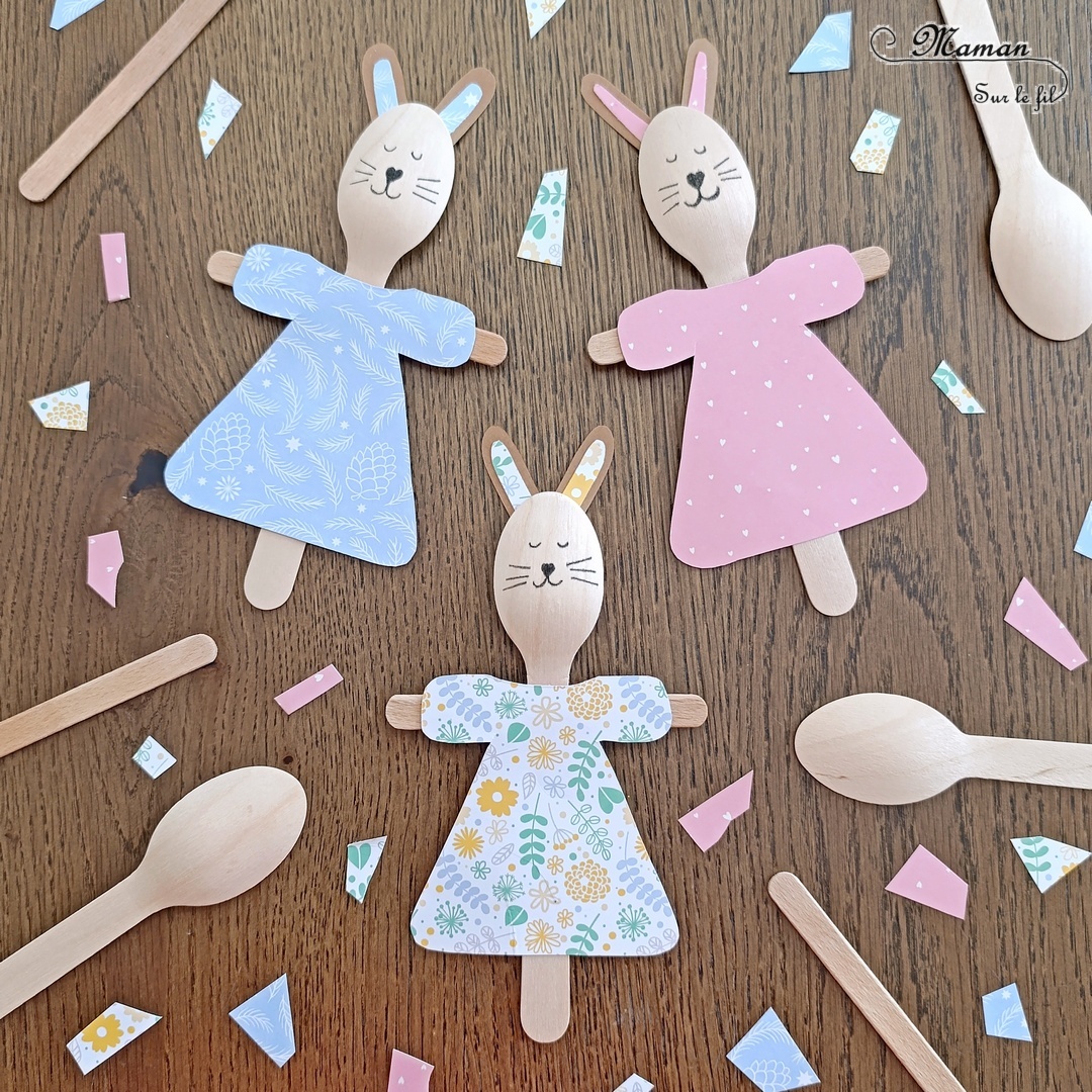 Fabriquer des lapins façon épouvantails en récup' : activité créative et manuelle enfants - Bricolage et décoration DIY simples pour Pâques - Cuillères et bâtonnets de glace en bois - Fait maison - Robes en papier à motifs - Thème Pâques, animaux de la ferme, de la forêt - Bricolage et décoration sympa et facile - Arts visuels maternelle et élémentaire - Cycles 1 et 2 - Créativité - tutoriel photos - mslf