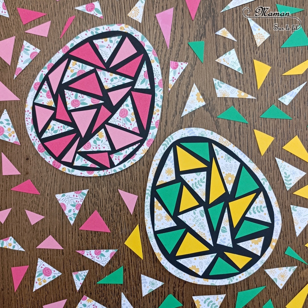 Créer des oeufs de Pâques fleuris en mosaïque de papiers : activité créative et manuelle enfants - Activité de transition entre Pâques et le printemps - Découpage, collage - Mosaïque de papiers- Travail sur le triangle - Récup', recyclage, surcyclage de chutes de papier - Simple et joli - Thème Pâques, oiseaux, fleurs, printemps - Bricolage et décoration sympa et facile - Arts visuels maternelle et élémentaire - Cycles 1 et 2 - Créativité - tutoriel photos - mslf