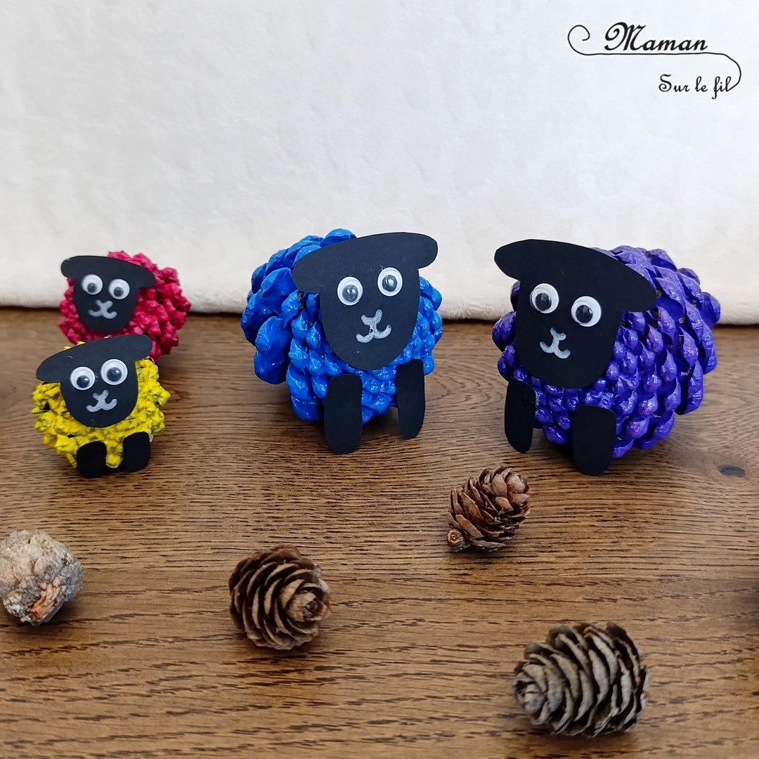 Fabriquer des moutons multicolores avec des pommes de pin : activité créative, nature et manuelle enfants - Bricolage et décoration DIY simples pour Pâques ou un thème sur les animaux de la ferme - Peinture, Land art - Découpage, collage - Récup', Recyclage, surcyclage de pommes de pin - Utiliser les trésors de la forêt - Fait maison - Thème Pâques, animaux de la ferme - Bricolage et décoration sympa et facile - Arts visuels maternelle et élémentaire - Cycles 1 et 2 - Créativité - tutoriel photos - mslf
