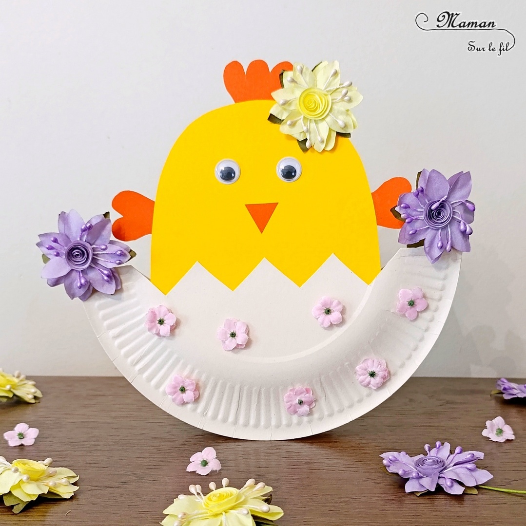 Créer un poussin fleuri qui se balance : activité créative, récup' et manuelle enfants - Bricolage et décoration DIY simple pour une transition entre Pâques et le printemps - Assiette en carton pour le balancier et la coquille d'oeuf - Fleurs artificielles pour le côté printanier - Découpage, collage de papier - Culbuto - Fait maison - Thème Pâques, animaux de la ferme, oiseaux, fleurs, printemps, poules - Bricolage et décoration sympa et facile - Arts visuels maternelle et élémentaire - Cycles 1 et 2 - Créativité - tutoriel photos et vidéo - mslf