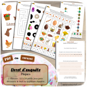 Livret Enquête sur Pâques, ses traditions et le chocolat - Multi-jeux thématiques pour résoudre une énigme et découvrir un mot ou une phrase Mystère - Labyrinthe, Puzzle, Parcours codés, Logigramme, Mise en paire, association de couleurs, mots croisés, mêlés, ombres, zoom, puzzles, calcul, double, dénombrement, sudoku, le sais-tu, quadrillage, pixel art codé - Cahier de jeux Pâques et chocolat - Traditions, gourmandises, oeufs de Pâques, animaux - à télécharger et à imprimer ou jeu imprimé - 2 niveaux : maternelle, cycle 2 et 3 - lslf