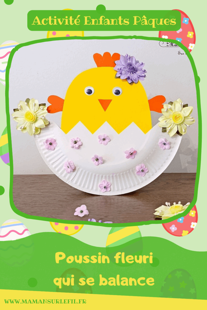 Créer un poussin fleuri qui se balance : activité créative, récup' et manuelle enfants - Bricolage et décoration DIY simple pour une transition entre Pâques et le printemps - Assiette en carton pour le balancier et la coquille d'oeuf - Fleurs artificielles pour le côté printanier - Découpage, collage de papier - Culbuto - Fait maison - Thème Pâques, animaux de la ferme, oiseaux, fleurs, printemps, poules - Bricolage et décoration sympa et facile - Arts visuels maternelle et élémentaire - Cycles 1 et 2 - Créativité - tutoriel photos et vidéo - mslf