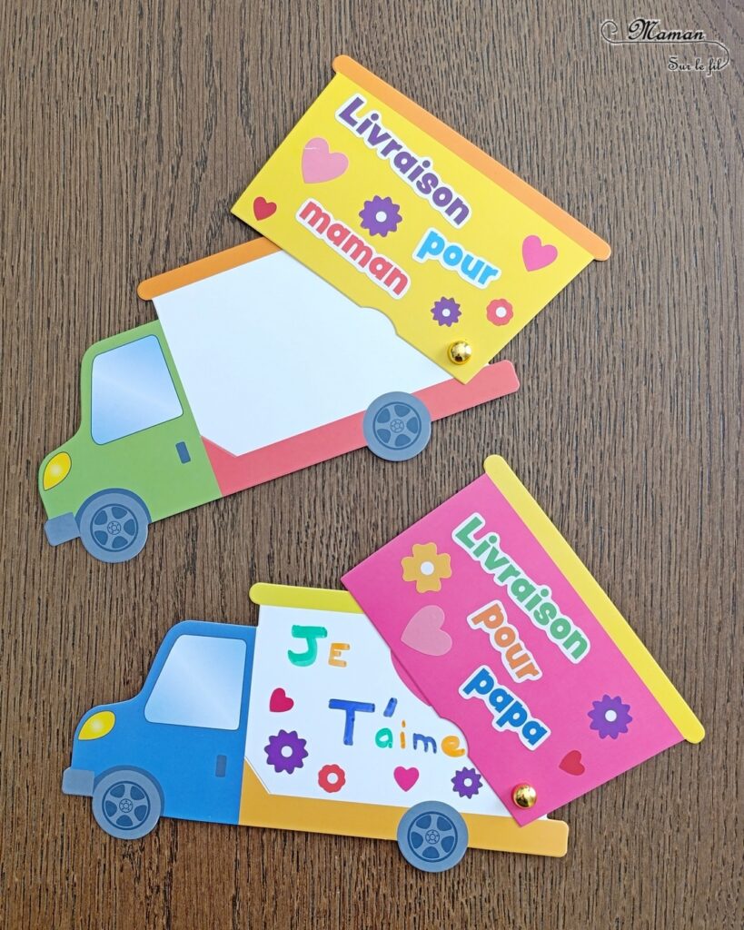 Cartes Camions pour la fête des mères, des pères ou des parents : activité créative et manuelle enfants - Le tutoriel et matériel viennent de chez 10 Doigts - Kit tout compris pour un cadeau DIY et Fait maison pour la fête des mères ou des pères - Message caché avec la benne qui s'ouvre - Gommettes et Photos possible - Mignon et coloré - Cartes à offrir Bricolage et cadeau DIY - Bricolage Fait maison à offrir - Fête des mères, pères, grands-mères, grands-pères, parents - Pour les enseignants en fin d'année - Thème Fêtes, amour, amitié, Saint-Valentin - Bricolage sympa et facile - Arts visuels Maternelle et cycle 2 - Maternelle et élémentaire - Créativité - Cycle 1 ou 2 - tutoriel photos - mslf