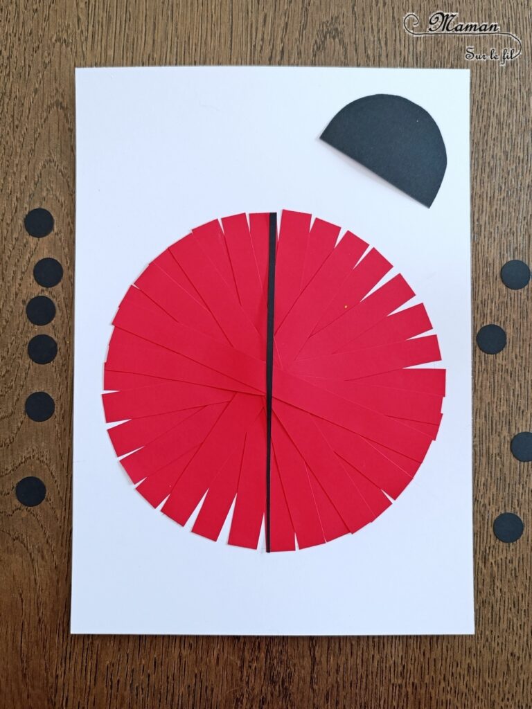 Créer une coccinelle en collage de bandes de papier : activité créative et manuelle enfants - Géométrie avec utilisation de la règle et du compas - Découpage, collage, perforatrice rond - Dessins et graphismes - Thème Insectes et petites bêtes, printemps - Bricolage et décoration sympa et facile - Arts visuels maternelle et élémentaire - Cycles 1 et 2 - Créativité - tutoriel photos - mslf
