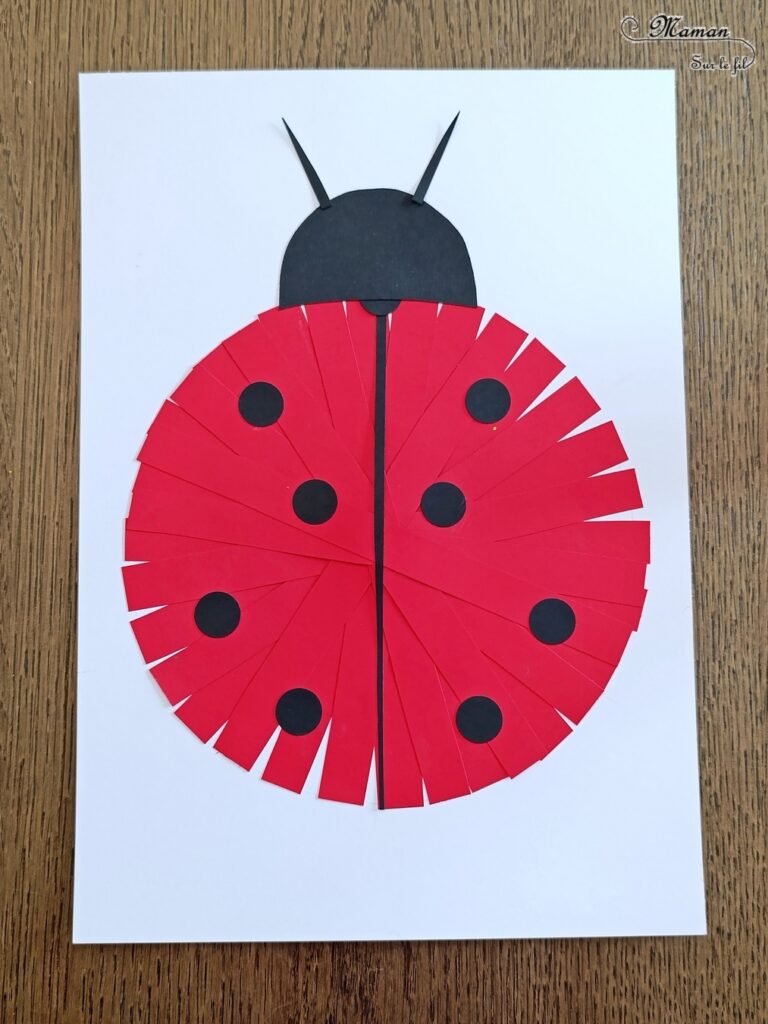 Créer une coccinelle en collage de bandes de papier : activité créative et manuelle enfants - Géométrie avec utilisation de la règle et du compas - Découpage, collage, perforatrice rond - Dessins et graphismes - Thème Insectes et petites bêtes, printemps - Bricolage et décoration sympa et facile - Arts visuels maternelle et élémentaire - Cycles 1 et 2 - Créativité - tutoriel photos - mslf