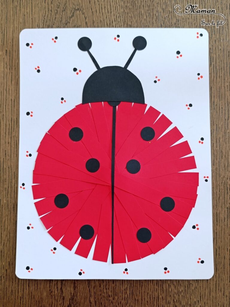 Créer une coccinelle en collage de bandes de papier : activité créative et manuelle enfants - Géométrie avec utilisation de la règle et du compas - Découpage, collage, perforatrice rond - Dessins et graphismes - Thème Insectes et petites bêtes, printemps - Bricolage et décoration sympa et facile - Arts visuels maternelle et élémentaire - Cycles 1 et 2 - Créativité - tutoriel photos - mslf