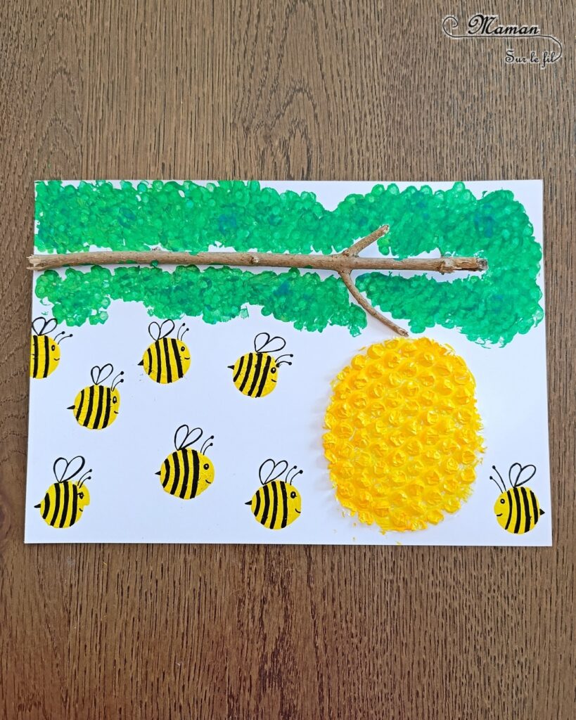 Créer une ruche et ses petits abeilles en papier à bulles et peinture : activité créative et manuelle enfants - Branche du jardin - Ruche en papier à bulles - Peindre abeilles avec bouchon en liège - Dessins - Feuilles avec des cotons-tige - Thème Insectes et petites bêtes, printemps, forêt - Bricolage et décoration sympa et facile - Arts visuels maternelle et élémentaire - Cycles 1 et 2 - Créativité - tutoriel photos - mslf