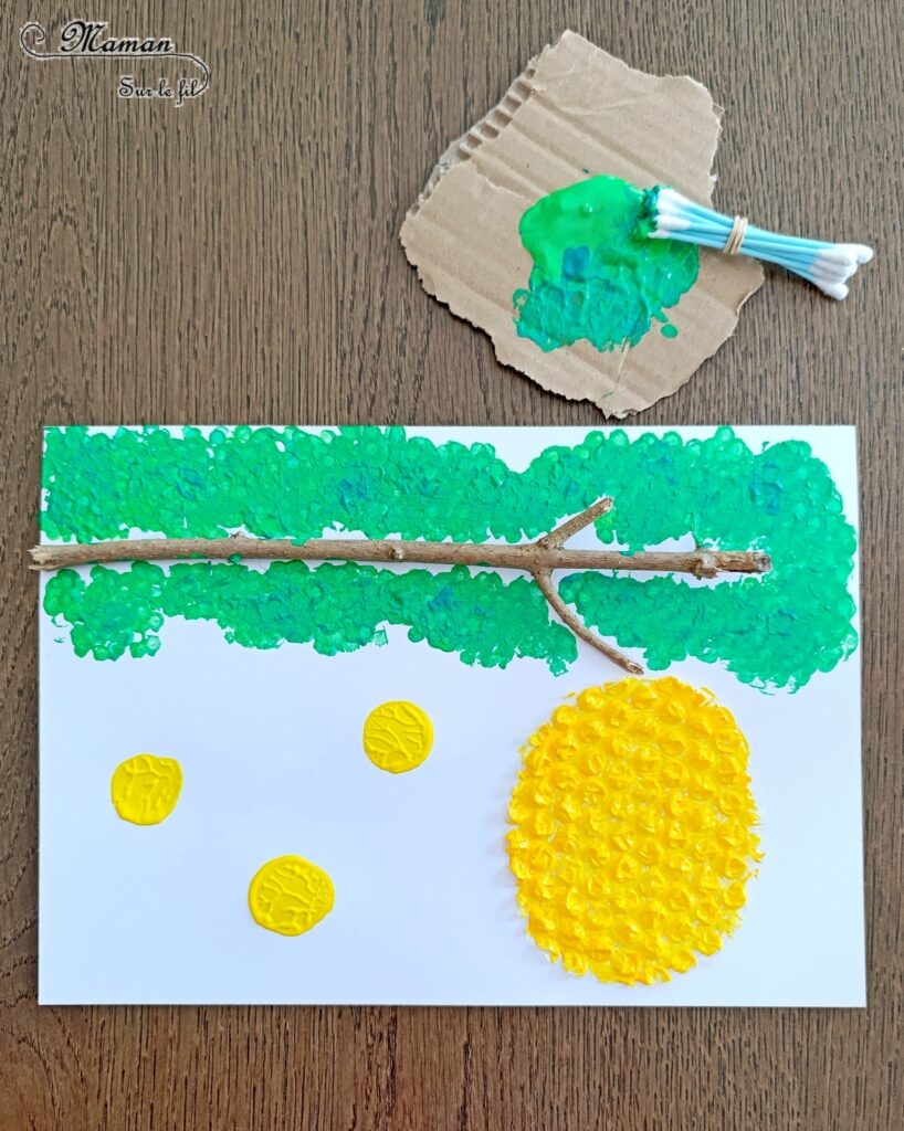 Créer une ruche et ses petits abeilles en papier à bulles et peinture : activité créative et manuelle enfants - Branche du jardin - Ruche en papier à bulles - Peindre abeilles avec bouchon en liège - Dessins - Feuilles avec des cotons-tige - Thème Insectes et petites bêtes, printemps, forêt - Bricolage et décoration sympa et facile - Arts visuels maternelle et élémentaire - Cycles 1 et 2 - Créativité - tutoriel photos - mslf