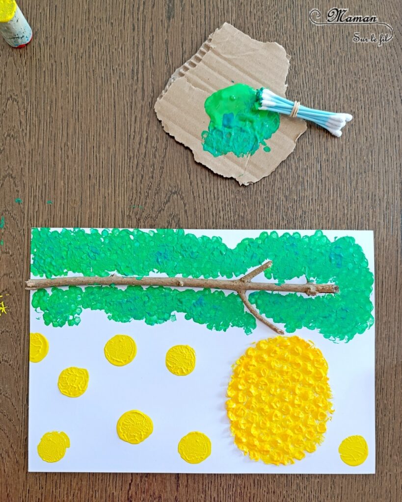 Créer une ruche et ses petits abeilles en papier à bulles et peinture : activité créative et manuelle enfants - Branche du jardin - Ruche en papier à bulles - Peindre abeilles avec bouchon en liège - Dessins - Feuilles avec des cotons-tige - Thème Insectes et petites bêtes, printemps, forêt - Bricolage et décoration sympa et facile - Arts visuels maternelle et élémentaire - Cycles 1 et 2 - Créativité - tutoriel photos - mslf