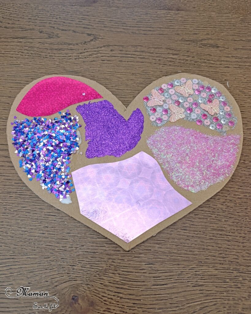 Fabriquer un coeur brillant tout en paillettes et carton : activité créative, recyclage et manuelle enfants - Récup', recyclage, surcyclage de carton -Découpage, collage - Paillettes, sequins, papiers brillants et holographiques - Cadeau DIY, fait maison à offrir pour la fête des mères, pères, grands-mères, grands-pères, parents - Amour, amitié, Saint Valentin - Bricolage et décoration sympa et facile - Arts visuels maternelle et élémentaire - Cycles 1 et 2 - Créativité - tutoriel photos - mslf