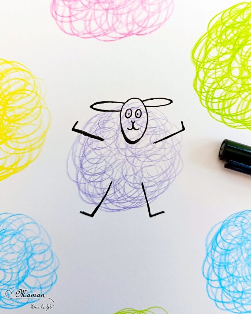 Gribouiller ou dessiner des moutons multicolores : activité créative, dessin et manuelle enfants - Gribouillage aux crayons de couleur - Dessins de boucles de couleurs - Dessin des détails au feutre fin noir - Cartes type Montessori Animaux de la ferme - Association photos fond blanc, fond réel, figurines - Reconstitue les familles : mâles, femelles, bébés - Simple, coloré et joli - Thème Pâques, printemps, animaux de la ferme - Bricolage et décoration sympa et facile - Arts visuels maternelle et élémentaire - Cycles 1 et 2 - Créativité - tutoriel photos - mslf