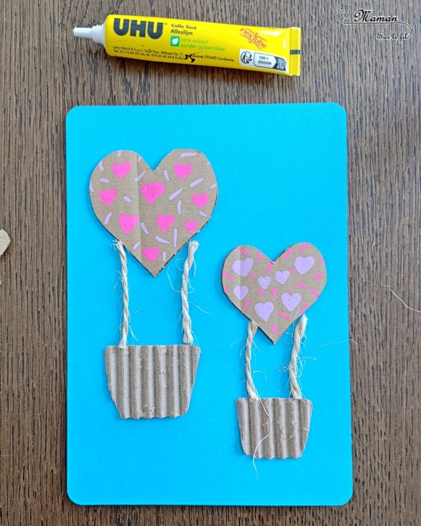 Créer des montgolfières Coeurs en carton pour la fête des mères : activité créative, recyclage et manuelle enfants - Récup', recyclage, surcyclage de carton épais, déchiré et ondulé - Découpage, collage - Petite corde et laine - Dessin et graphismes - Carte, cadeau DIY, fait maison à offrir pour la fête des mères, pères, grands-mères, grands-pères, parents - Amour, amitié, Saint Valentin - Véhicules - Bricolage et décoration sympa et facile - Arts visuels maternelle et élémentaire - Cycles 1 et 2 - Créativité - tutoriel photos - mslf