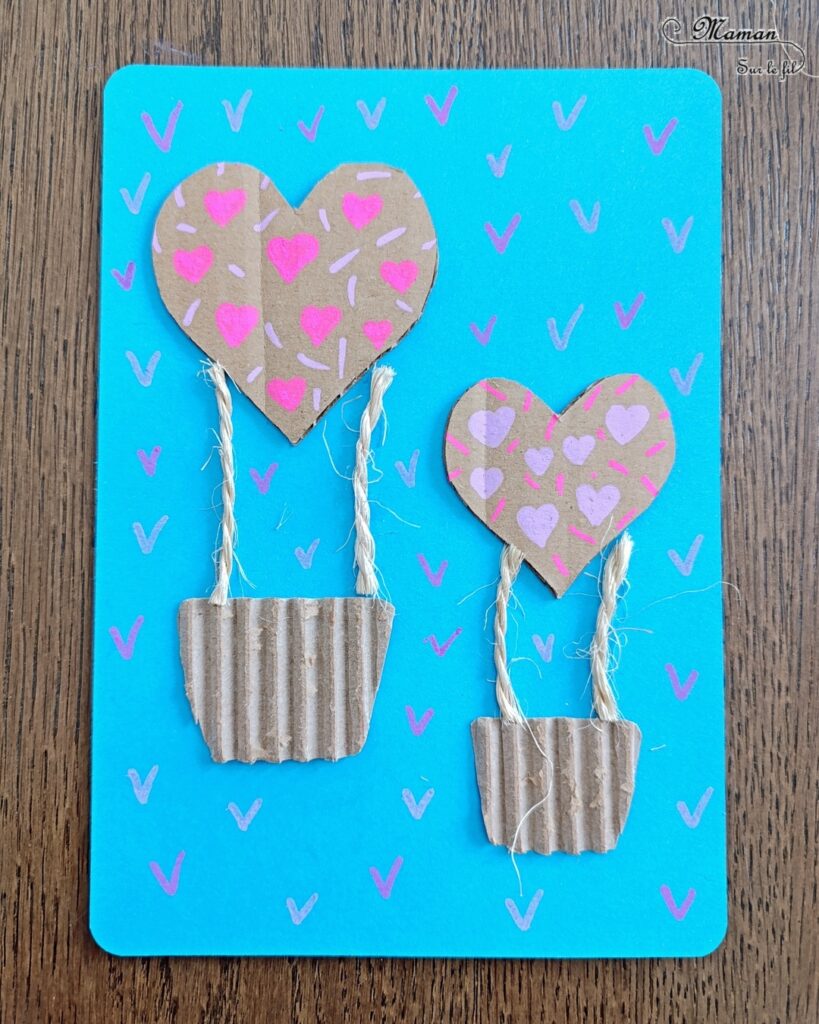 Créer des montgolfières Coeurs en carton pour la fête des mères : activité créative, recyclage et manuelle enfants - Récup', recyclage, surcyclage de carton épais, déchiré et ondulé - Découpage, collage - Petite corde et laine - Dessin et graphismes - Carte, cadeau DIY, fait maison à offrir pour la fête des mères, pères, grands-mères, grands-pères, parents - Amour, amitié, Saint Valentin - Véhicules - Bricolage et décoration sympa et facile - Arts visuels maternelle et élémentaire - Cycles 1 et 2 - Créativité - tutoriel photos - mslf