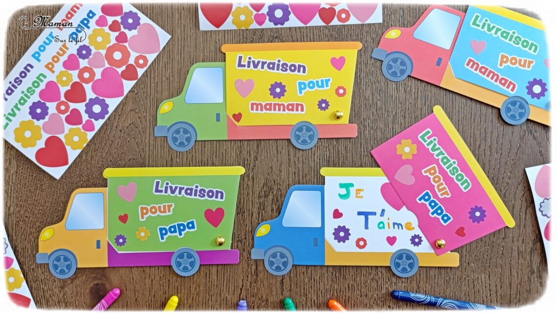 Cartes Camions pour la fête des mères, des pères ou des parents : activité créative et manuelle enfants - Le tutoriel et matériel viennent de chez 10 Doigts - Kit tout compris pour un cadeau DIY et Fait maison pour la fête des mères ou des pères - Message caché avec la benne qui s'ouvre - Gommettes et Photos possible - Mignon et coloré - Cartes à offrir Bricolage et cadeau DIY - Bricolage Fait maison à offrir - Fête des mères, pères, grands-mères, grands-pères, parents - Pour les enseignants en fin d'année - Thème Fêtes, amour, amitié, Saint-Valentin - Bricolage sympa et facile - Arts visuels Maternelle et cycle 2 - Maternelle et élémentaire - Créativité - Cycle 1 ou 2 - tutoriel photos - mslf