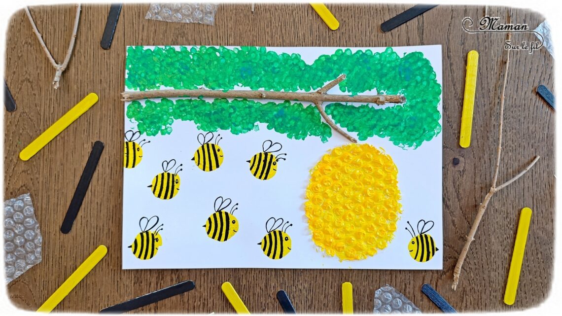 Créer une ruche et ses petits abeilles en papier à bulles et peinture : activité créative et manuelle enfants - Branche du jardin - Ruche en papier à bulles - Peindre abeilles avec bouchon en liège - Dessins - Feuilles avec des cotons-tige - Thème Insectes et petites bêtes, printemps, forêt - Bricolage et décoration sympa et facile - Arts visuels maternelle et élémentaire - Cycles 1 et 2 - Créativité - tutoriel photos - mslf