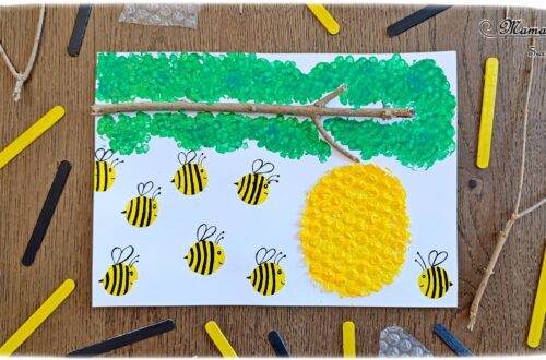 Créer une ruche et ses petits abeilles en papier à bulles et peinture : activité créative et manuelle enfants - Branche du jardin - Ruche en papier à bulles - Peindre abeilles avec bouchon en liège - Dessins - Feuilles avec des cotons-tige - Thème Insectes et petites bêtes, printemps, forêt - Bricolage et décoration sympa et facile - Arts visuels maternelle et élémentaire - Cycles 1 et 2 - Créativité - tutoriel photos - mslf