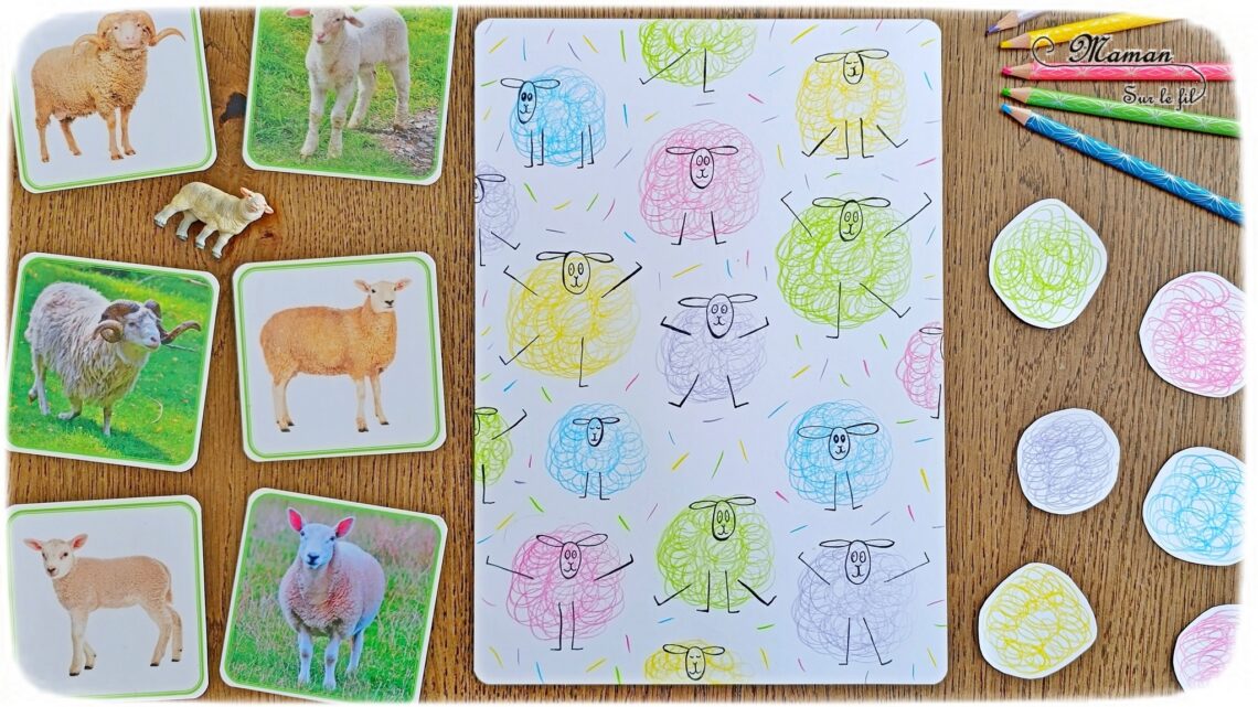 Gribouiller ou dessiner des moutons multicolores : activité créative, dessin et manuelle enfants - Gribouillage aux crayons de couleur - Dessins de boucles de couleurs - Dessin des détails au feutre fin noir - Cartes type Montessori Animaux de la ferme - Association photos fond blanc, fond réel, figurines - Reconstitue les familles : mâles, femelles, bébés - Simple, coloré et joli - Thème Pâques, printemps, animaux de la ferme - Bricolage et décoration sympa et facile - Arts visuels maternelle et élémentaire - Cycles 1 et 2 - Créativité - tutoriel photos - mslf