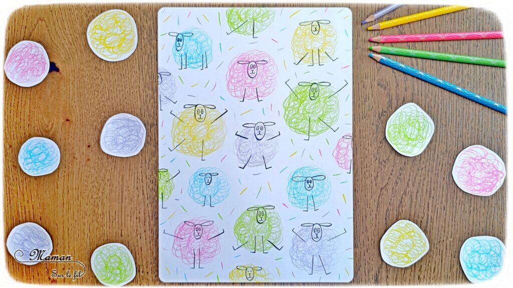 Gribouiller ou dessiner des moutons multicolores : activité créative, dessin et manuelle enfants - Gribouillage aux crayons de couleur - Dessins de boucles de couleurs - Dessin des détails au feutre fin noir - Cartes type Montessori Animaux de la ferme - Association photos fond blanc, fond réel, figurines - Reconstitue les familles : mâles, femelles, bébés - Simple, coloré et joli - Thème Pâques, printemps, animaux de la ferme - Bricolage et décoration sympa et facile - Arts visuels maternelle et élémentaire - Cycles 1 et 2 - Créativité - tutoriel photos - mslf